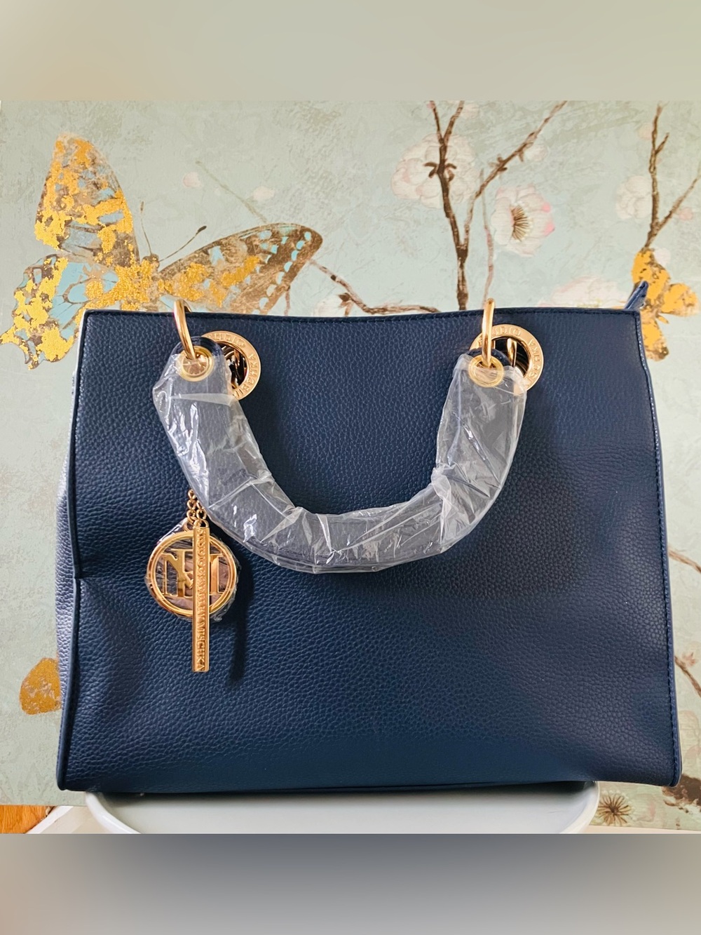 Badgley Mischka BIG LOGO EYELET Vegan Navy Blue Convertible Bag Gold Hardware